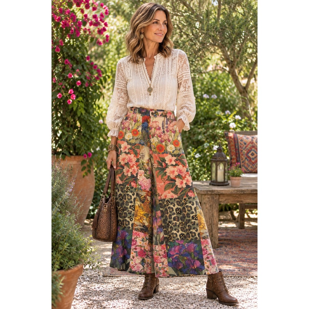 A Rare Bird Women Handmade Boho Patchwork WideLeg Pant M/L Animal Floral Artisan